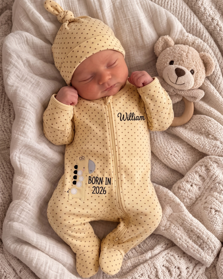 Little Giraffe Embroidered Bamboo Zipper Footie