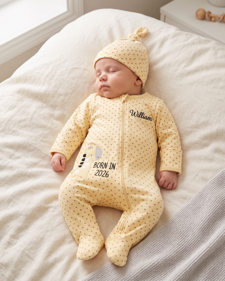 Little Giraffe Embroidered Bamboo Zipper Footie