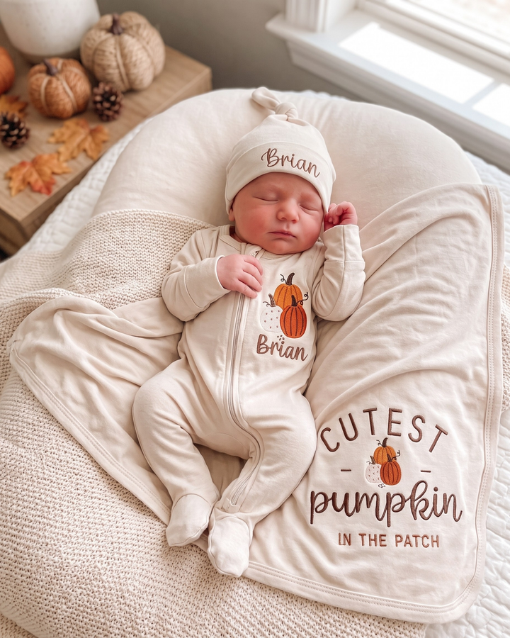 Personalized Pumpkin Patch Embroidered Bamboo Zipper Footie