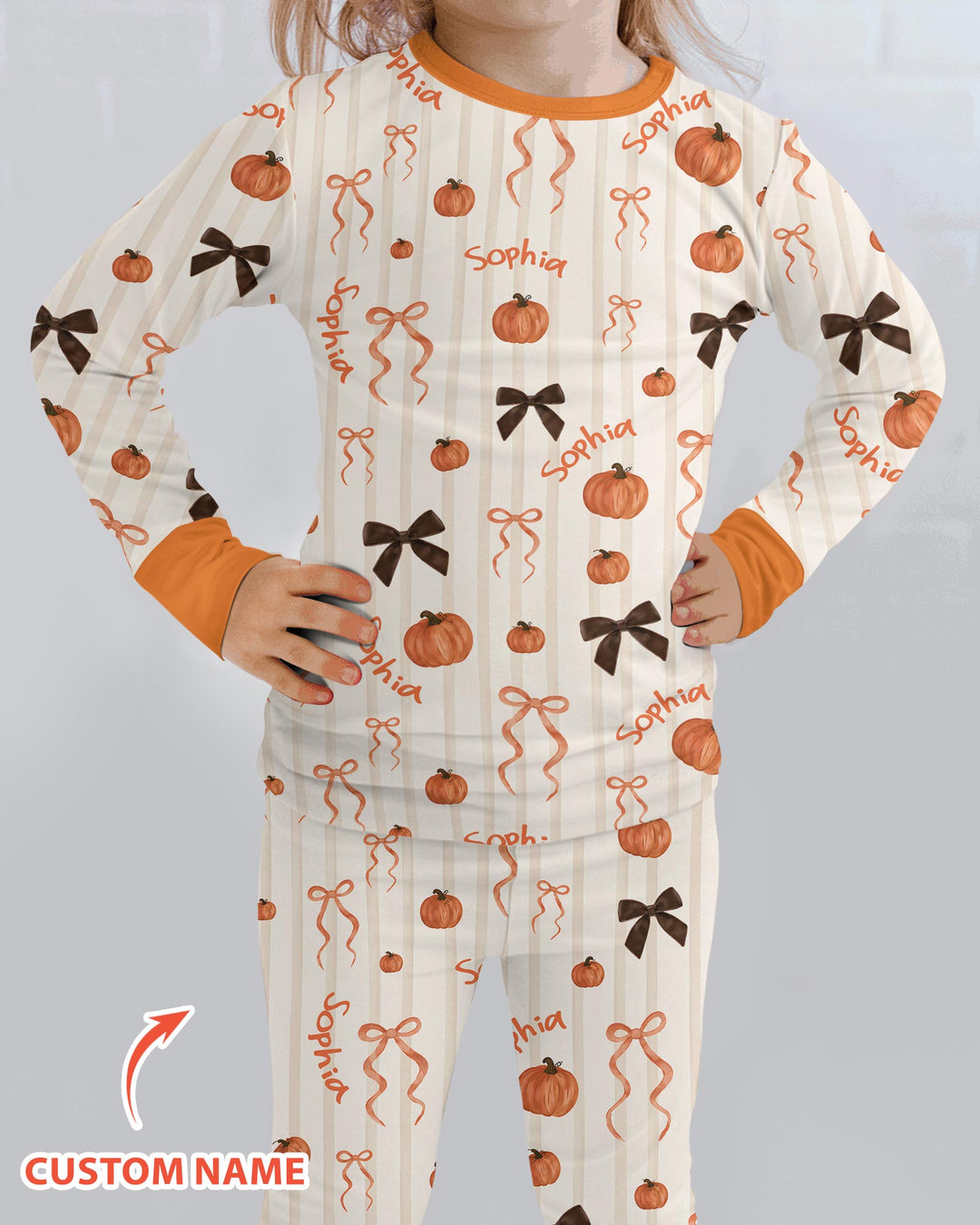 Custom Name Coquette Pumpkin Bow Fall Bamboo Two Piece Long Sleeve Pajama Set