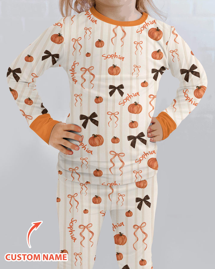 Custom Name Coquette Pumpkin Bow Fall Bamboo Two Piece Long Sleeve Pajama Set