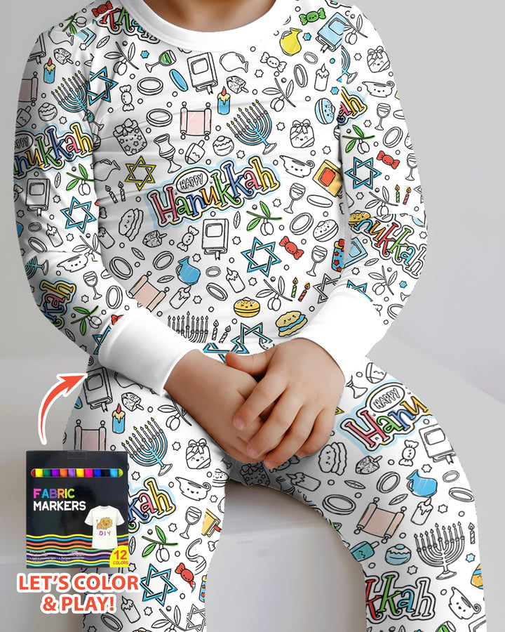 Happy Hanukkah Colorable Bamboo Two Piece Long Sleeve Pajama Set