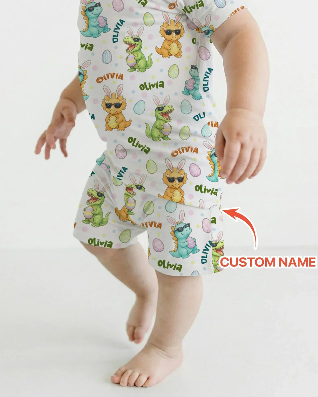 Custom Name Dinosaur on the Hunt Bamboo Two Piece Short Sleeve Shorts Pajama Set