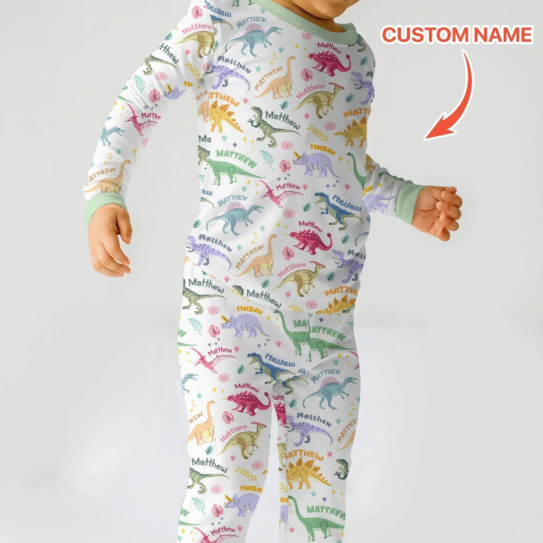 Dino Roar Custom Name Bamboo Two Piece Long Sleeve Pajama Set