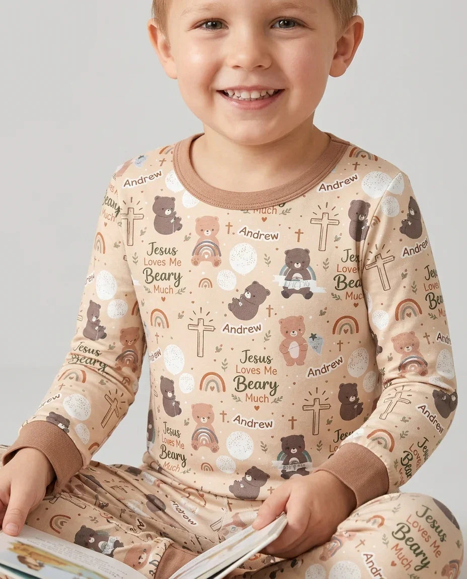 Custom Name Jesus Loves Me Beary Much Bamboo Two Piece Long Sleeve Pajama Set