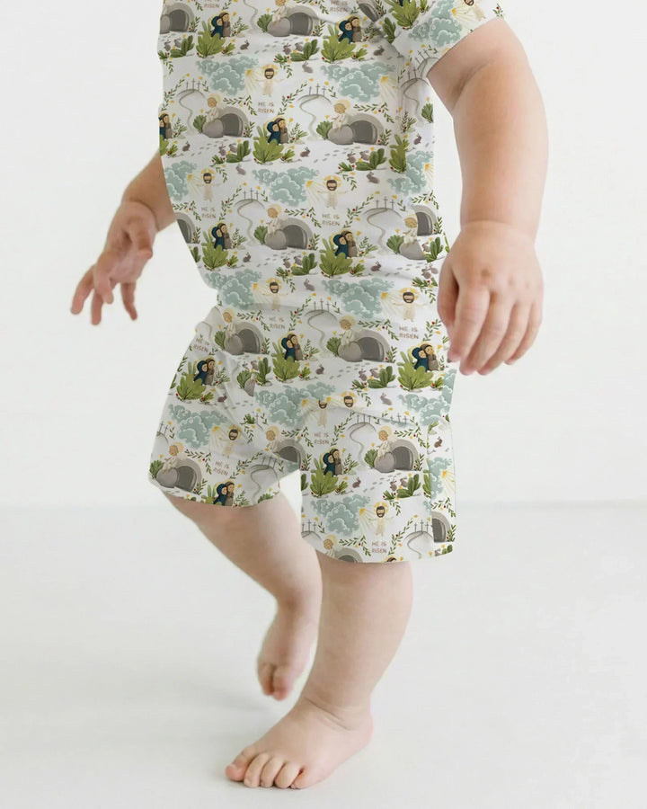 Matthew 28:1–8 He Is Risen Bamboo Two Piece Short Sleeve Shorts Pajama Set