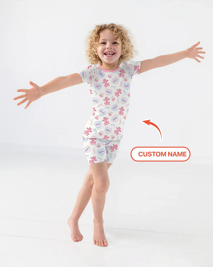 He Loved Us First Custom Name Bamboo Two Piece Short Sleeve Shorts Pajama Set