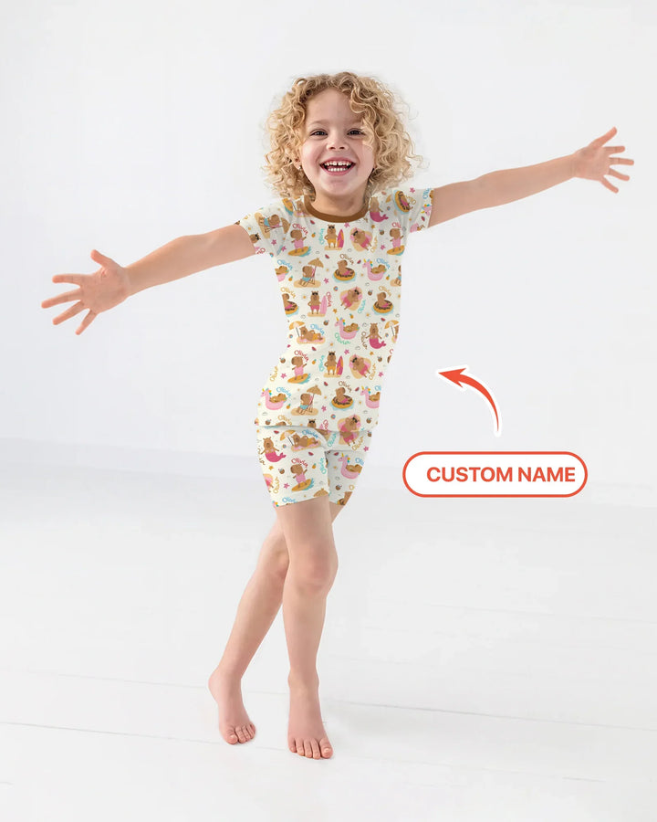 Don't Worry, Be Capy Custom Name Bamboo Two Piece Short Sleeve Shorts Pajama Set