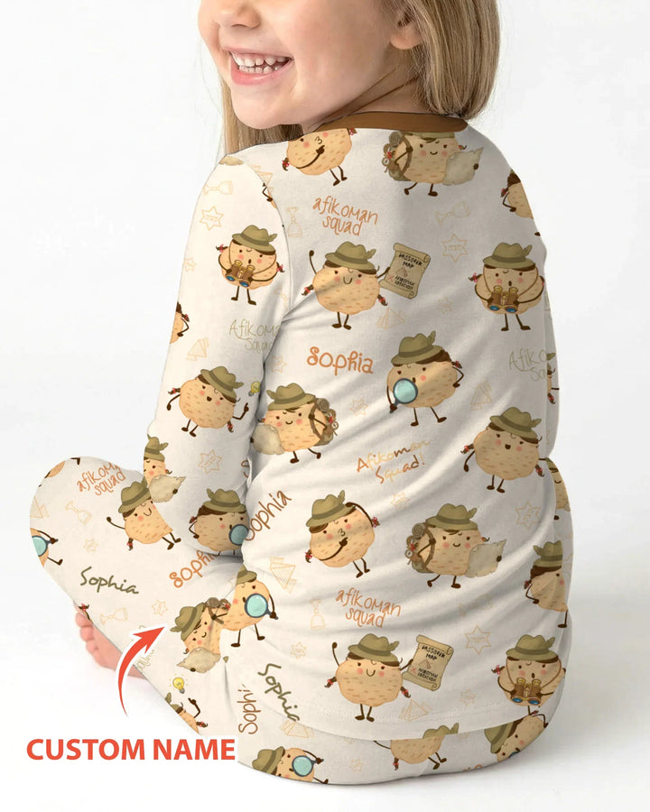 Custom Name Passover Afikoman Bamboo Two Piece Long Sleeve Pajama Set