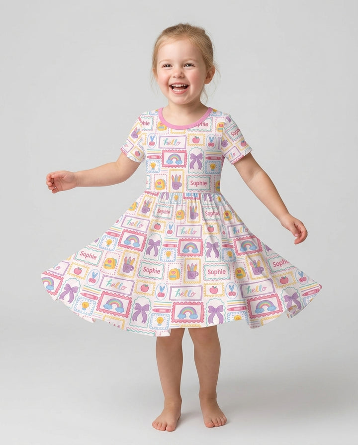 Custom Name Hello School Bamboo Twirl Dress