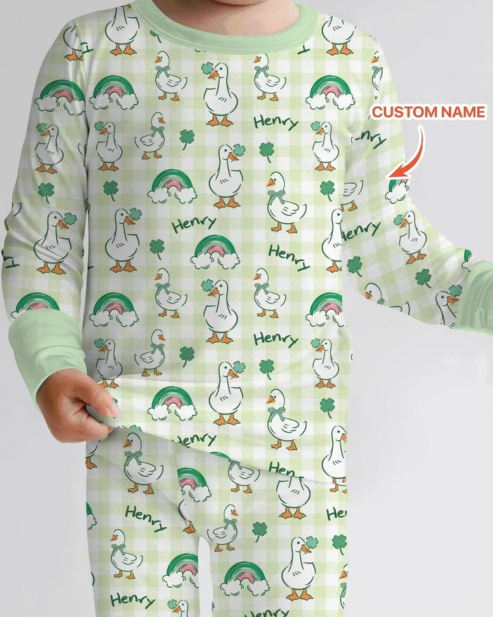 Custom Name Lucky Ducks Bamboo Two Piece Long Sleeve Pajama Set