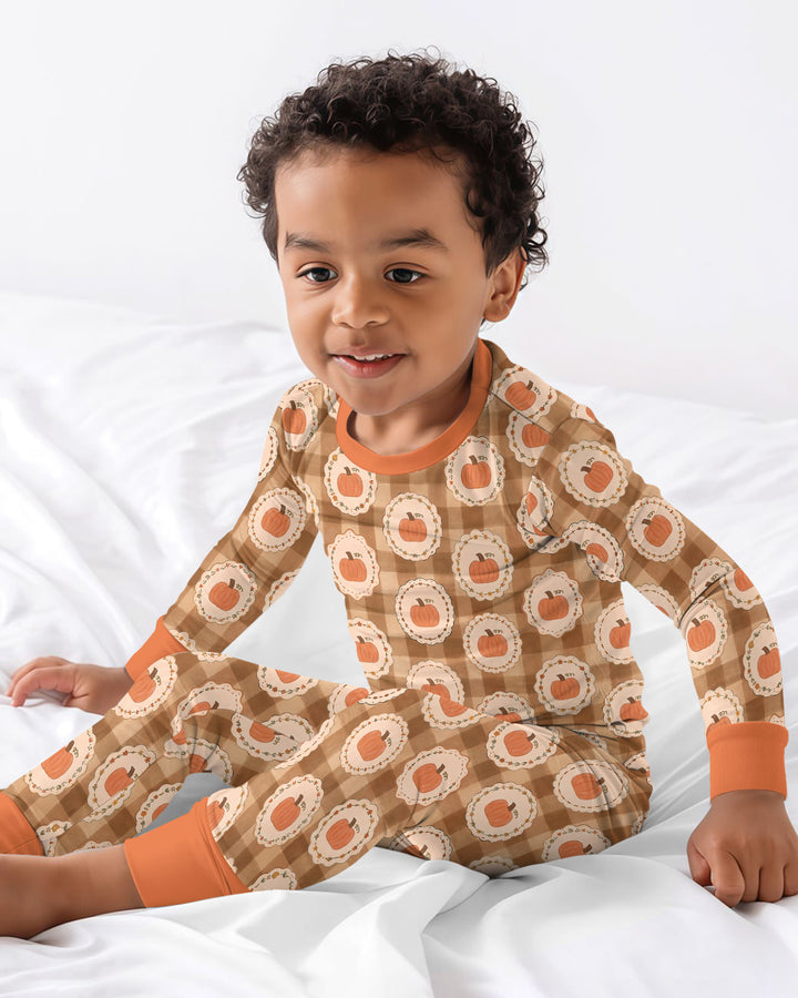 Folksy Framed Gingham Pumpkin Bamboo Two Piece Long Sleeve Pajama Set