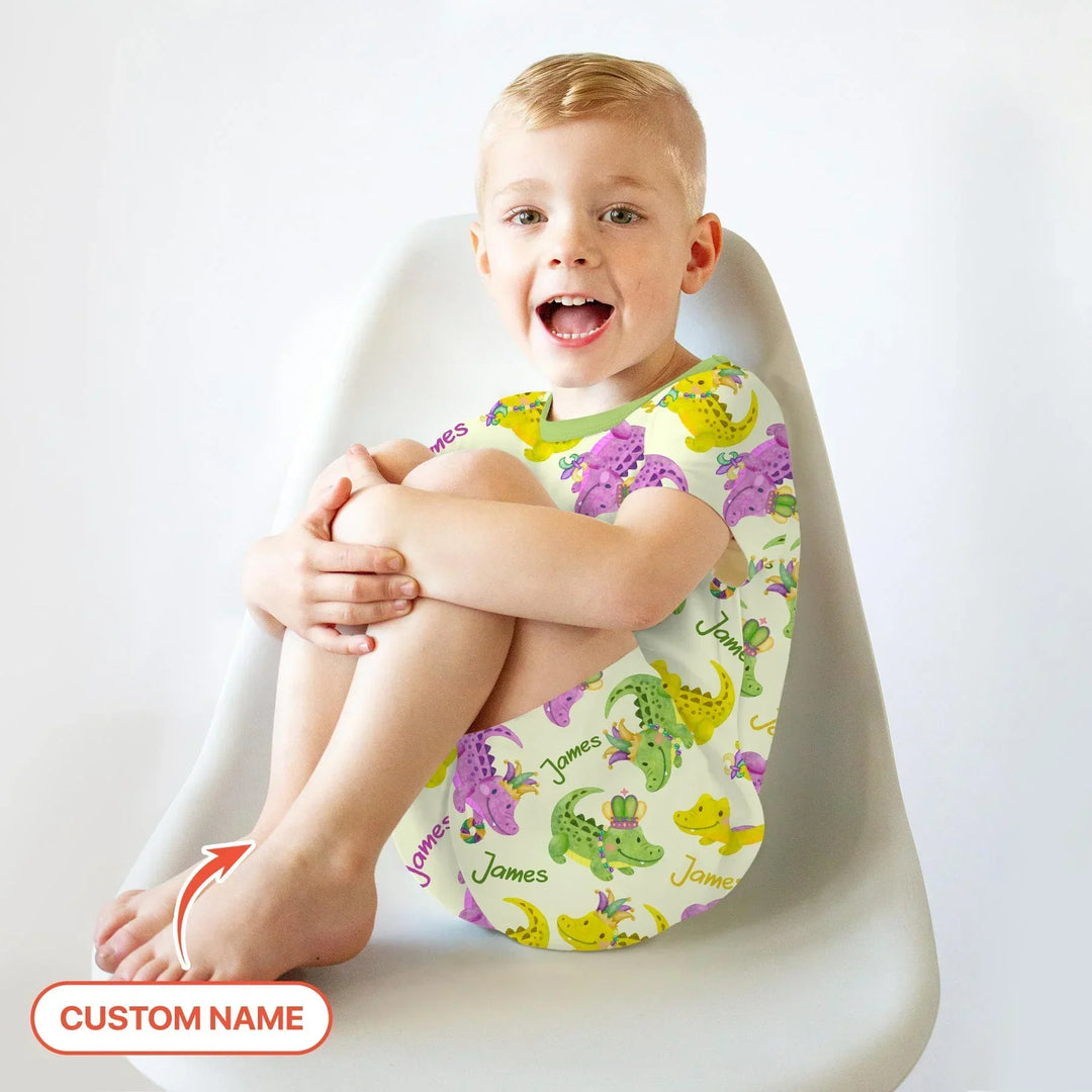Custom Name Mardi Gras Alligator Bamboo Two Piece Short Sleeve Shorts Pajama Set