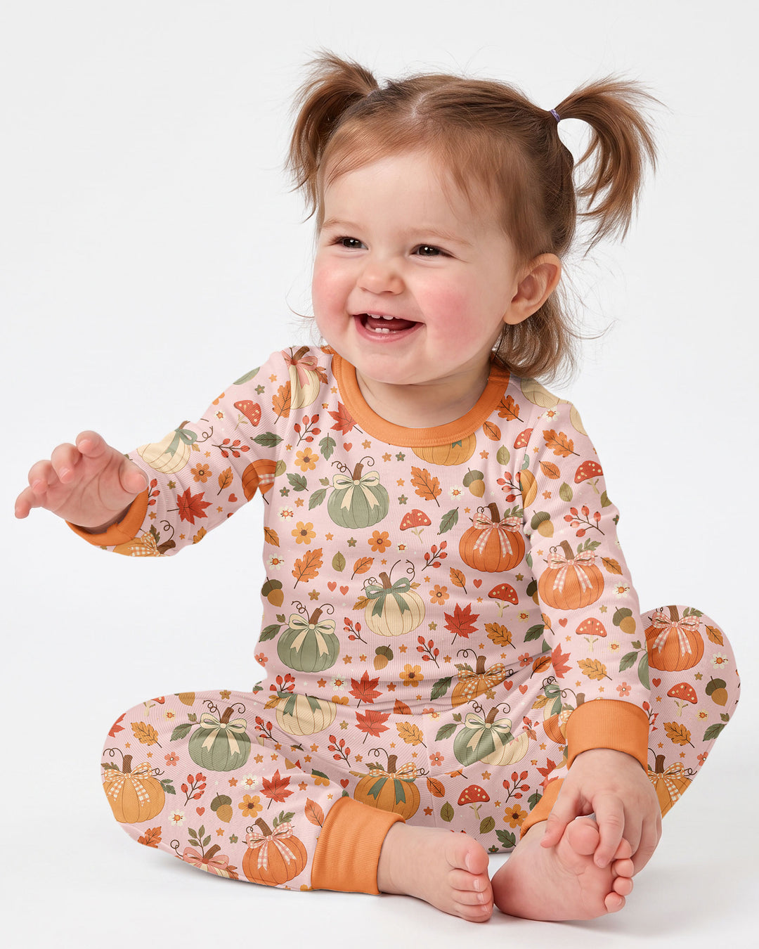 Pastel Pumpkin Bow Fall Bamboo Two Piece Long Sleeve Pajama Set