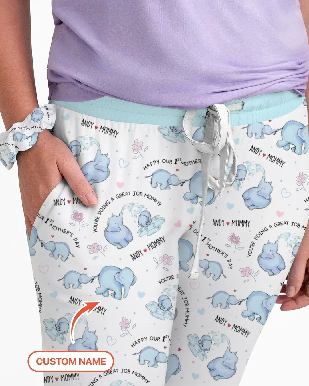 Pyjama-Set für Damen mit Namen, Mutter- und Baby-Elefant aus Bambus