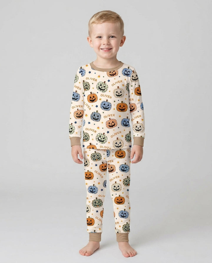 Custom Name Colorful Jack O Lantern Bamboo Two Piece Long Sleeve Pajama Set