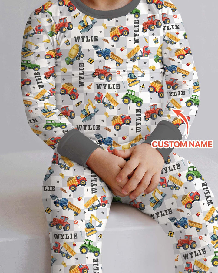 Under Construction Custom Name Bamboo Two Piece Long Sleeve Pajama Set