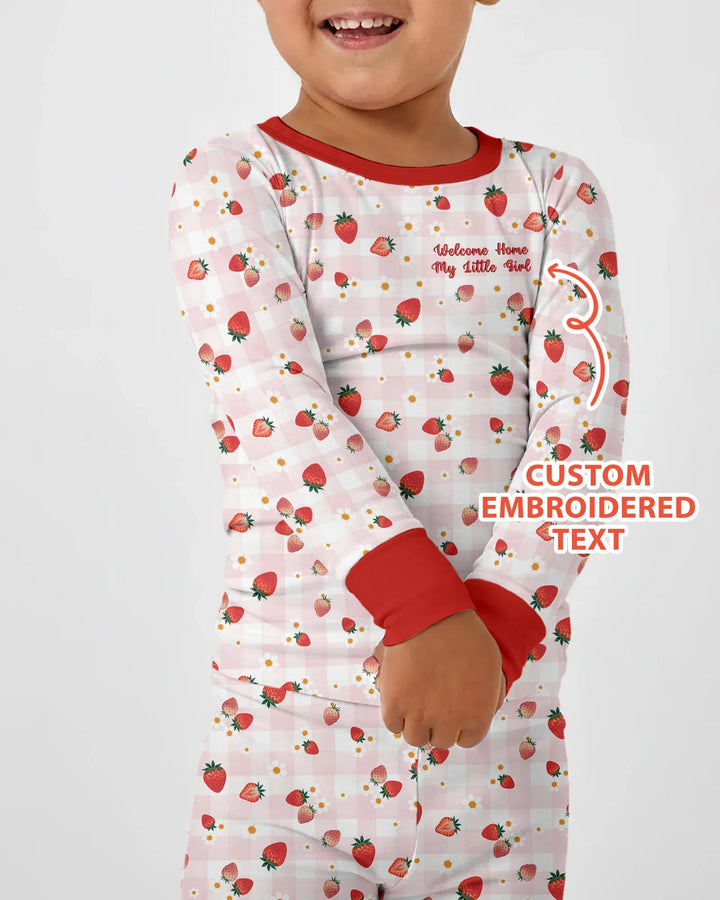 Embroidered Custom Text Strawberry Bamboo Two Piece Long Sleeve Pajama Set
