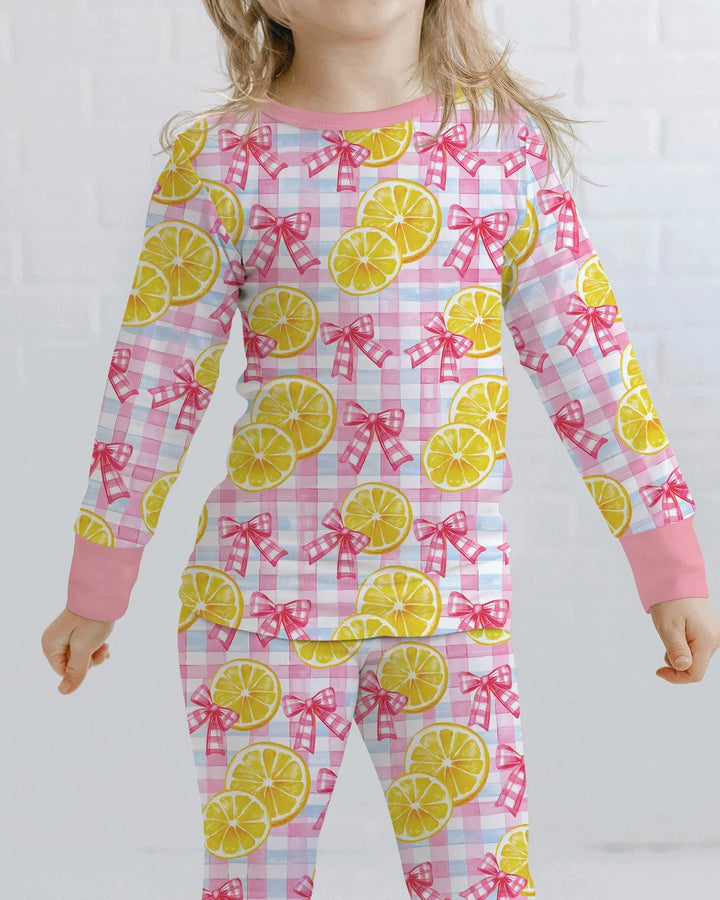 Pink Lemons Bows Checkered Bamboo Two Piece Long Sleeve Pajama Set