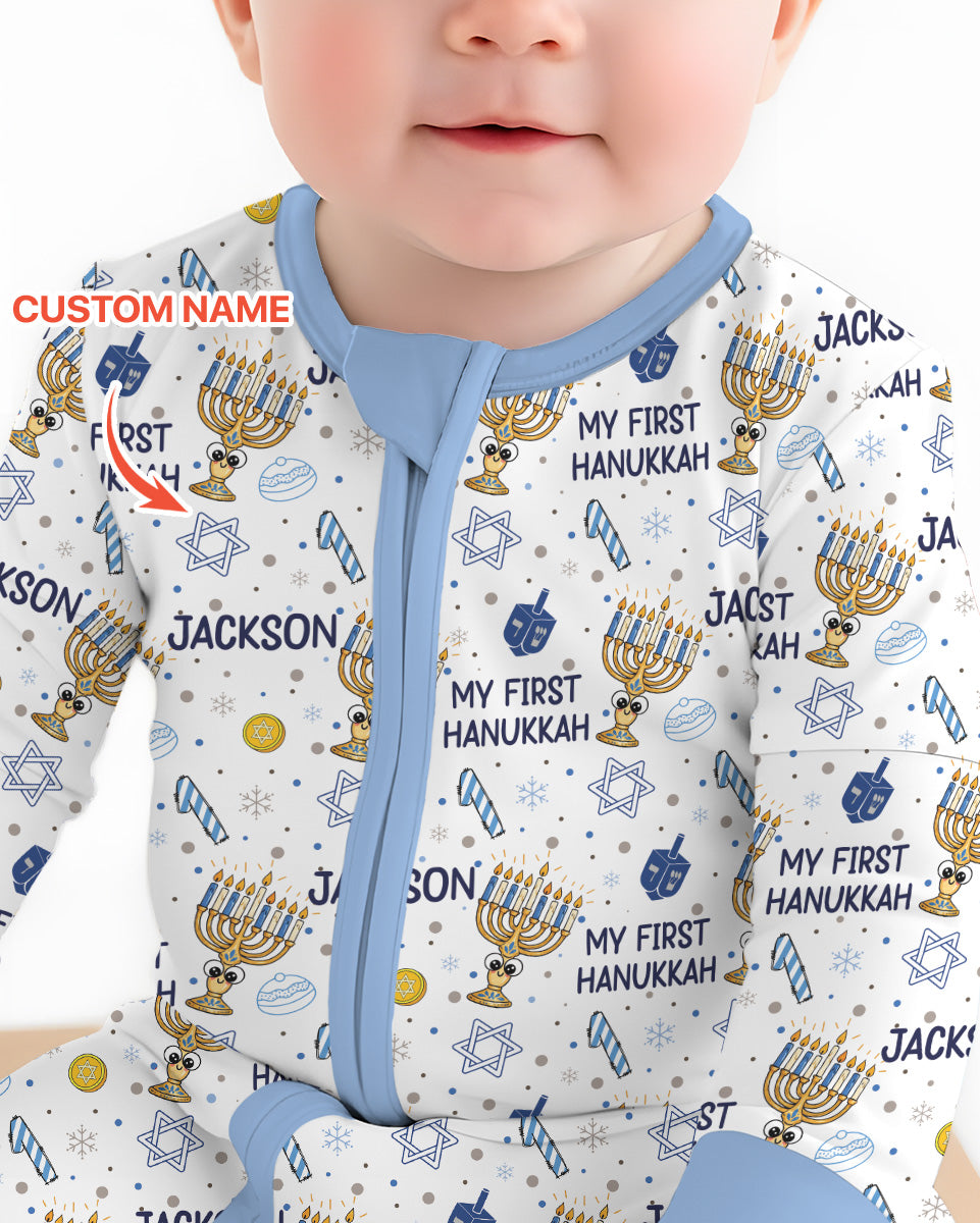 Custom Name Doodle Dreidel First Hanukkah Bamboo Convertible Zippy