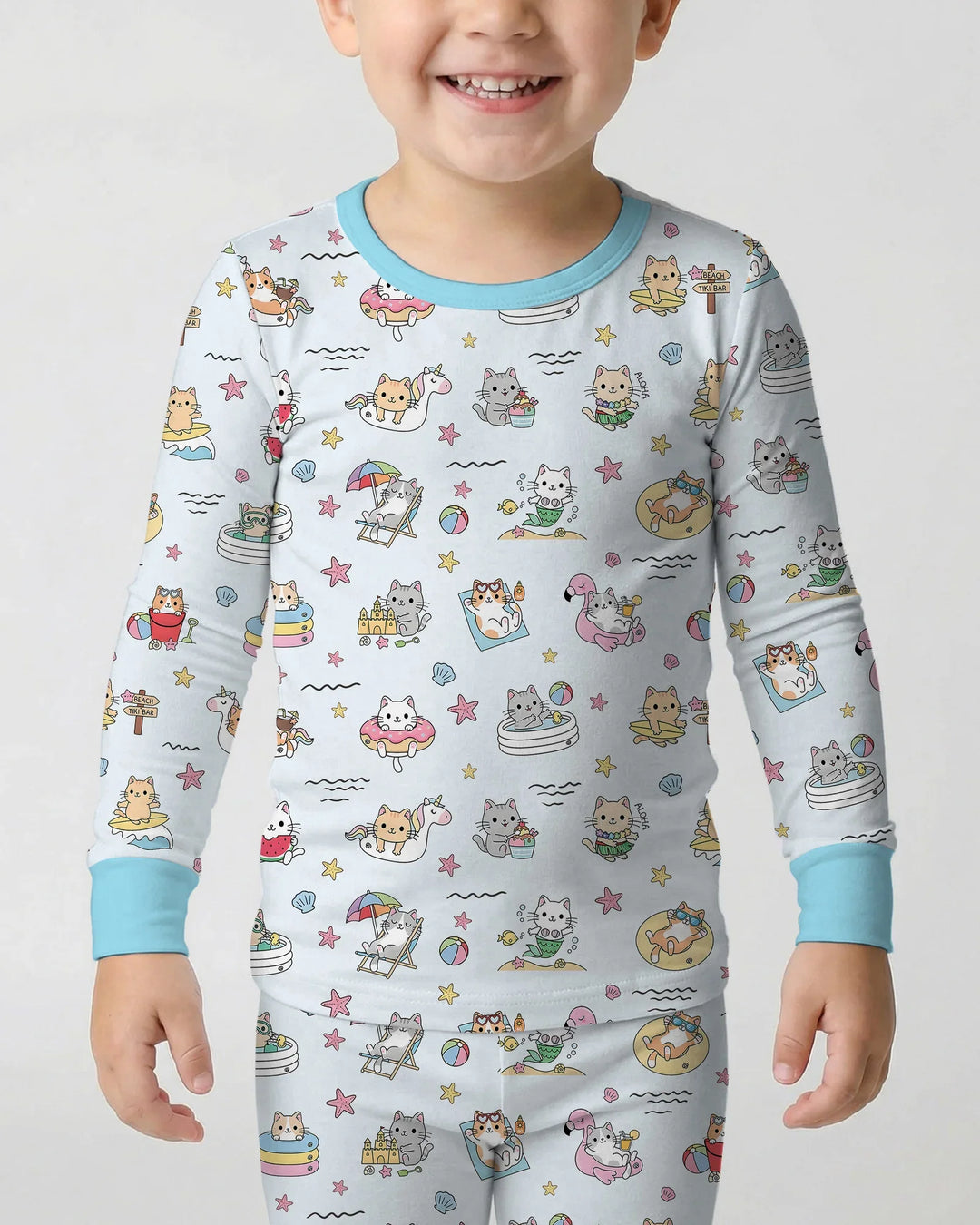 Kawaii Cats Summer Vacation Bamboo Two Piece Long Sleeve Pajama Set