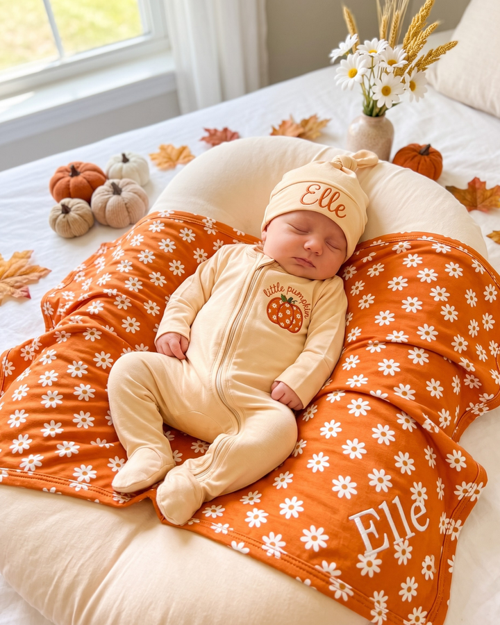 Personalized Daisy Pumpkin Appliqué Embroidered Bamboo Zipper Footie