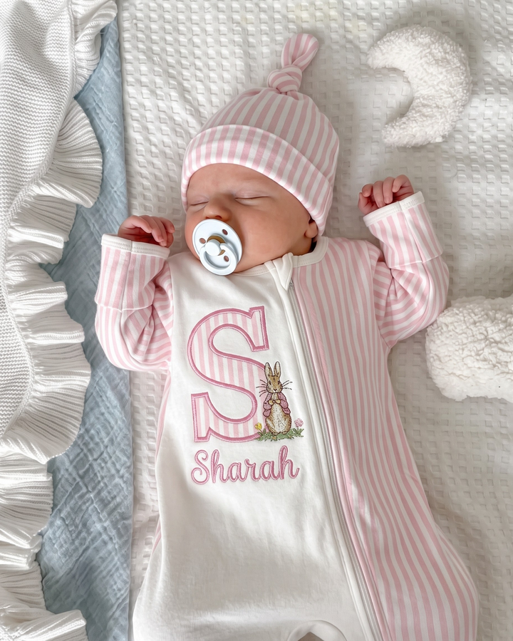 Custom Initial Sweet Bunny Embroidered Bamboo Zipper Footie