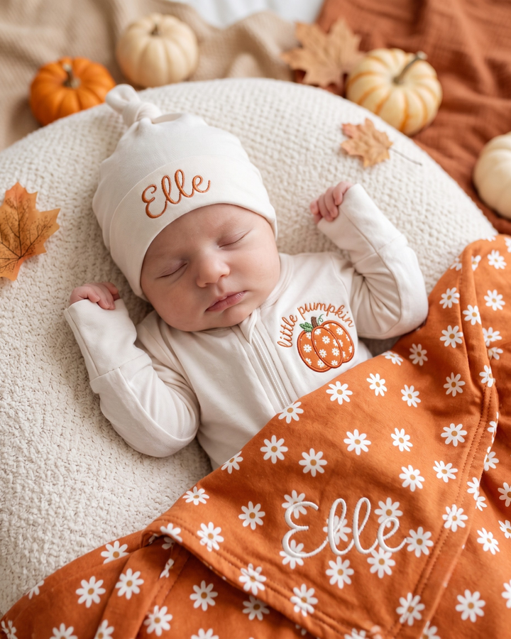 Personalized Daisy Pumpkin Appliqué Embroidered Bamboo Zipper Footie