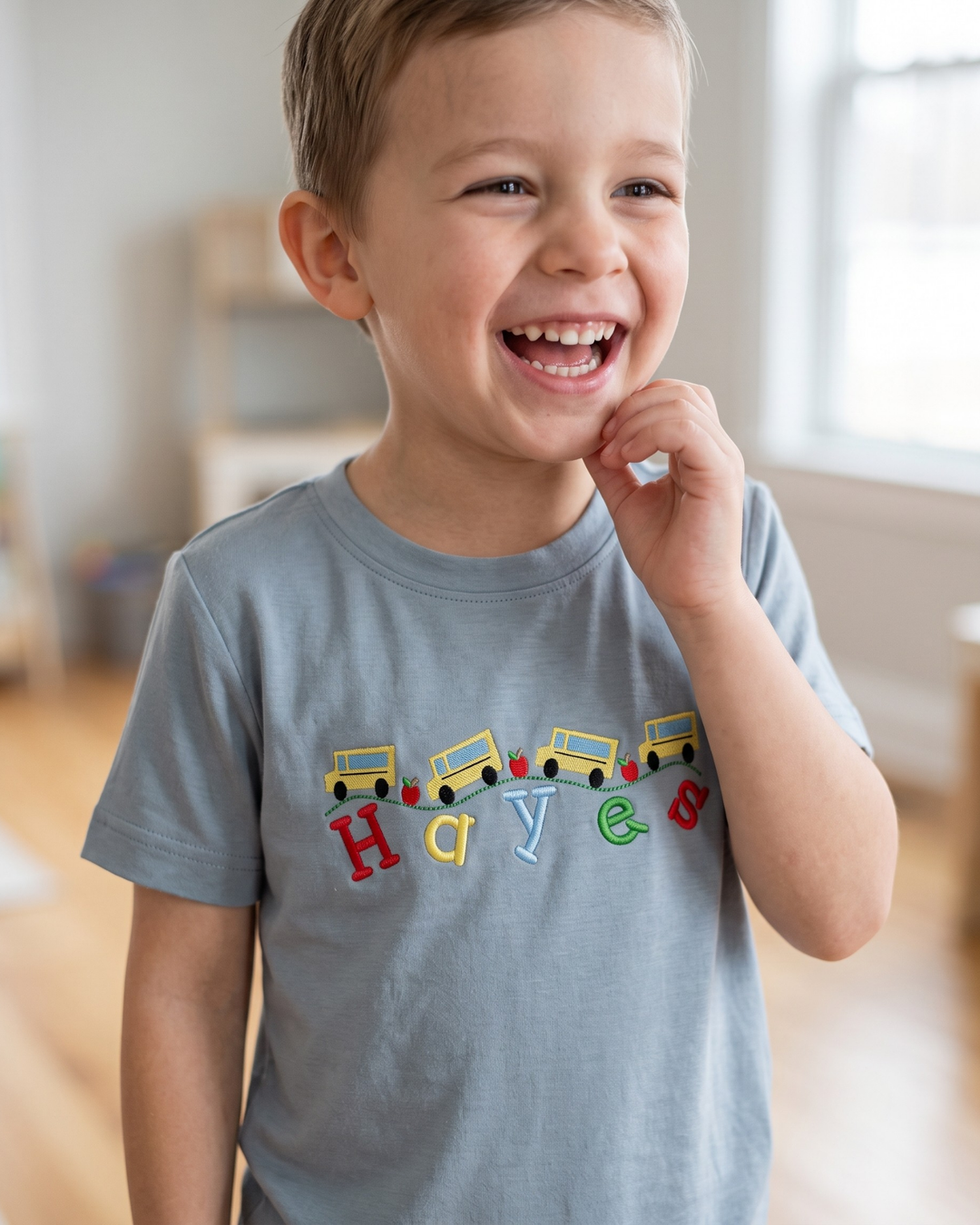Custom Name Happy School Bus Embroidered Bamboo Crewneck T-Shirt