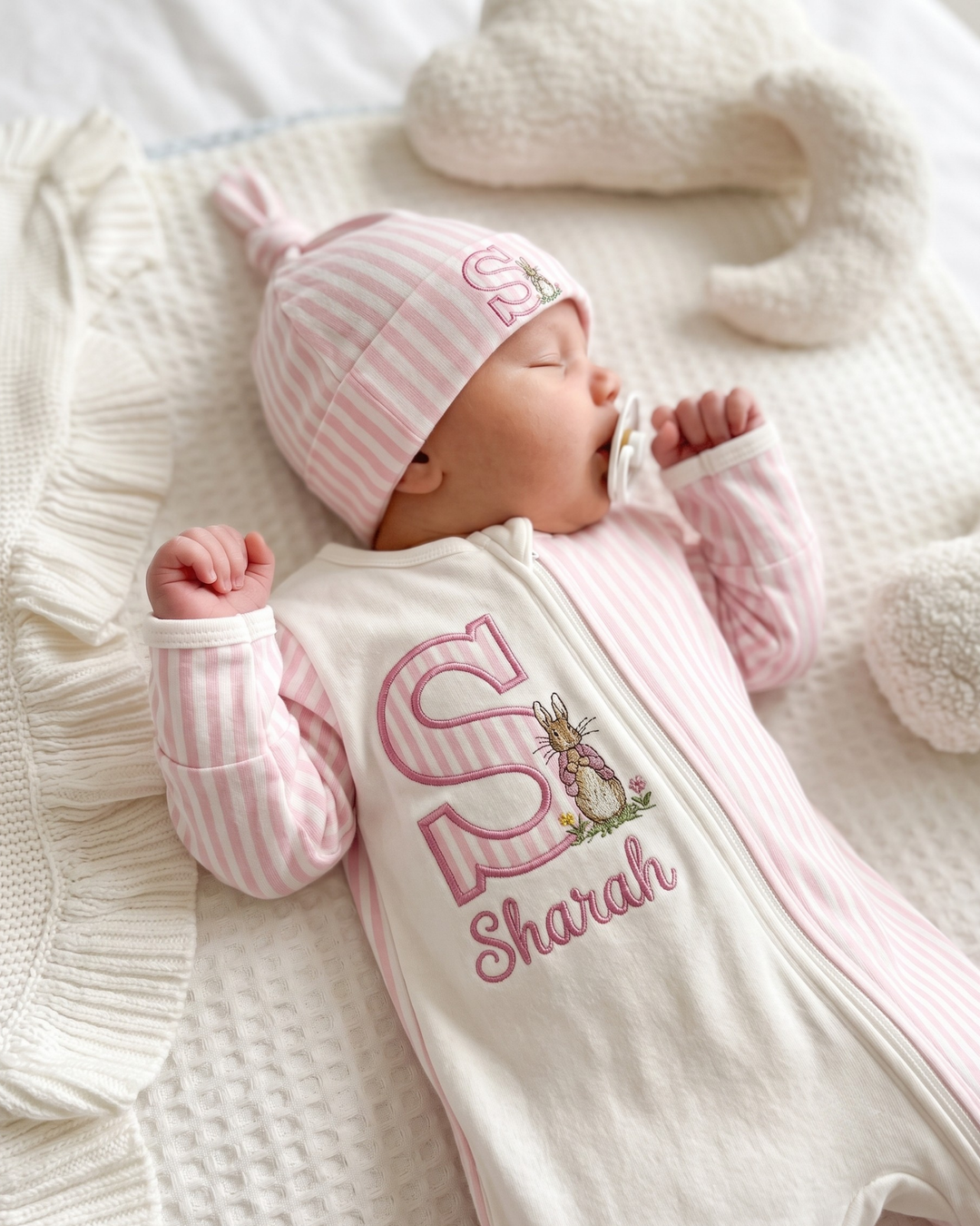 Custom Initial Sweet Bunny Embroidered Bamboo Zipper Footie