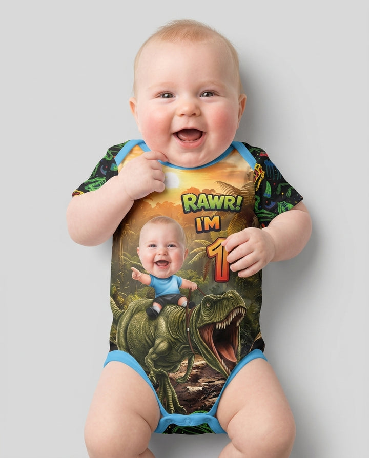 Custom Photo Dino Rawr Birthday Bamboo Bodysuit