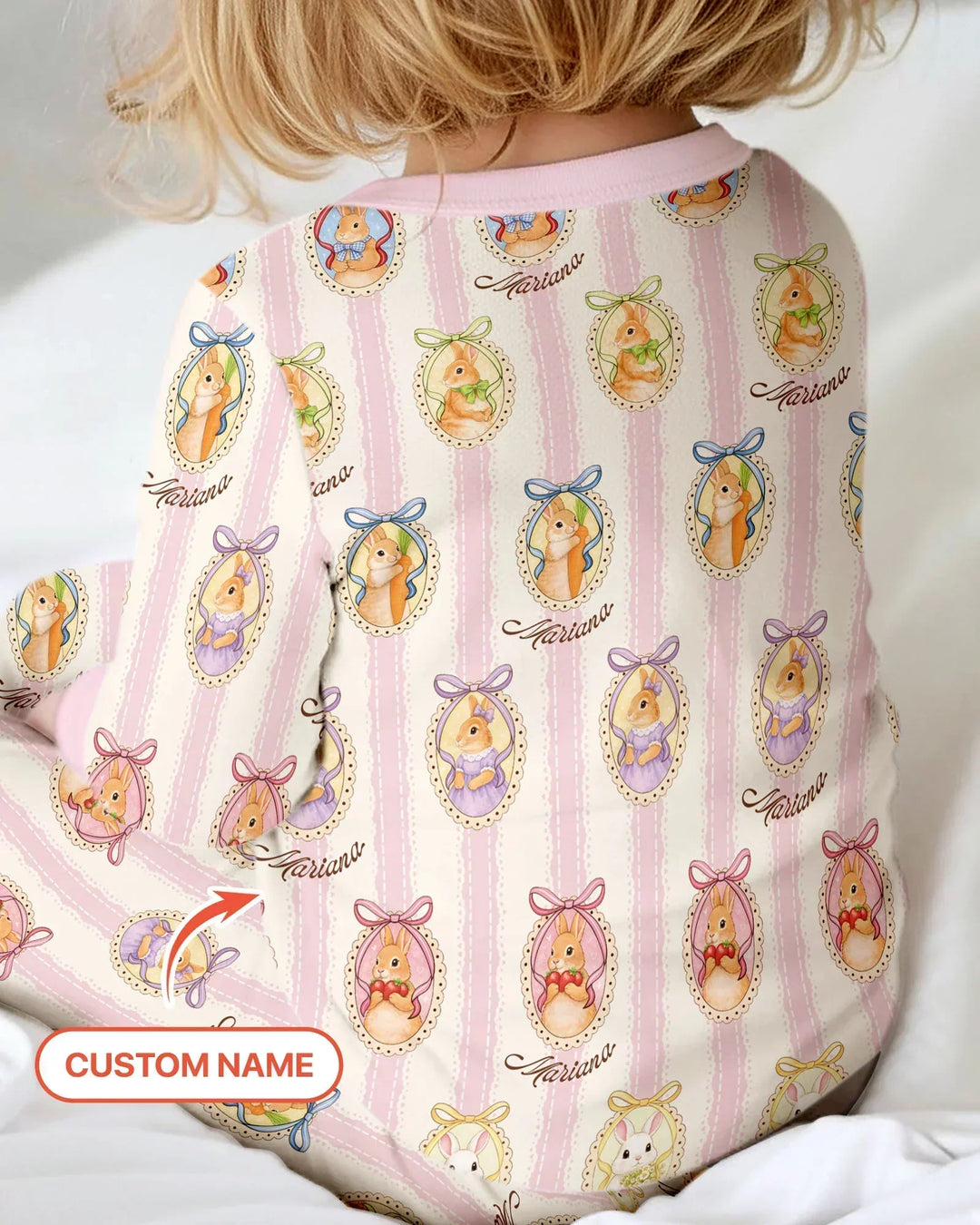 Custom Name Vintage Easter Bunny Bamboo Two Piece Long Sleeve Pajama Set