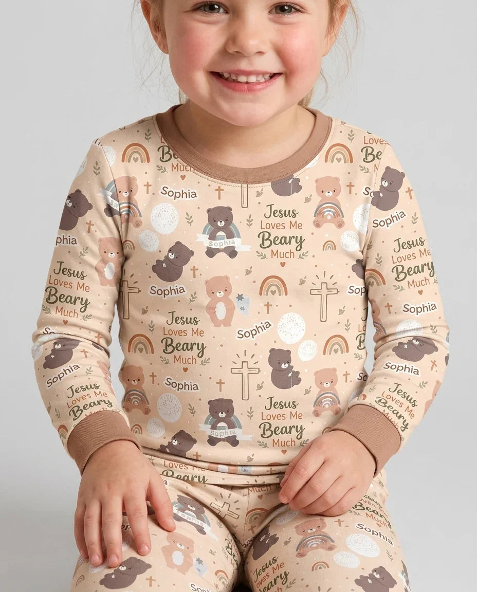 Custom Name Jesus Loves Me Beary Much Bamboo Two Piece Long Sleeve Pajama Set
