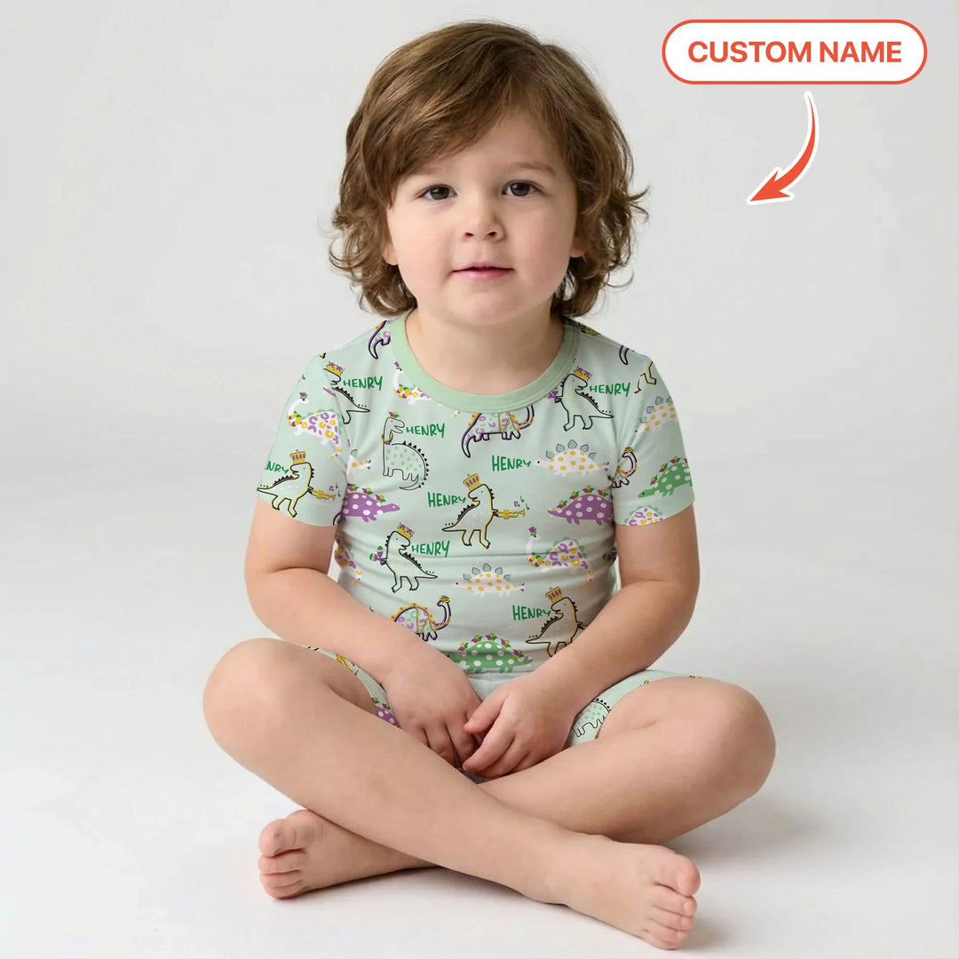Custom Name Mardi Gras Saurus Bamboo Two Piece Short Sleeve Shorts Pajama Set