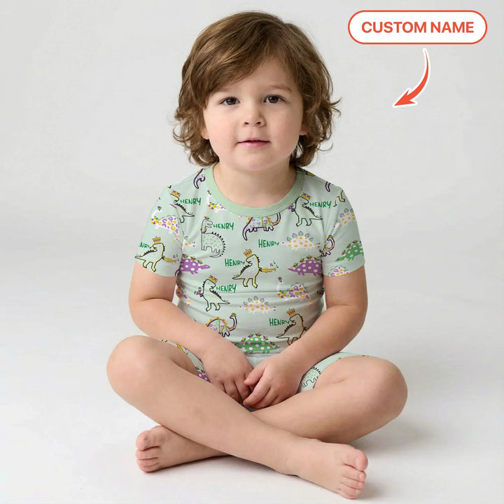 Custom Name Mardi Gras Saurus Bamboo Two Piece Short Sleeve Shorts Pajama Set
