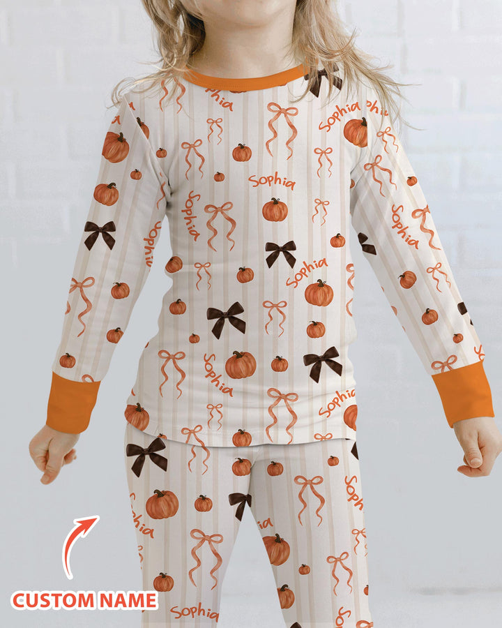 Custom Name Coquette Pumpkin Bow Fall Bamboo Two Piece Long Sleeve Pajama Set