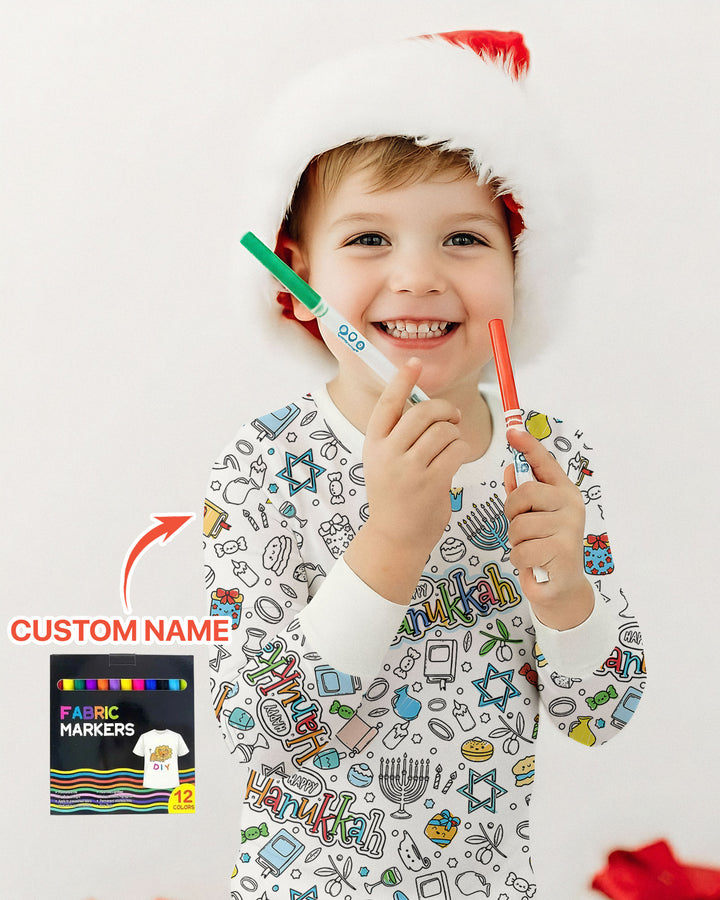 Happy Hanukkah Colorable Bamboo Two Piece Long Sleeve Pajama Set