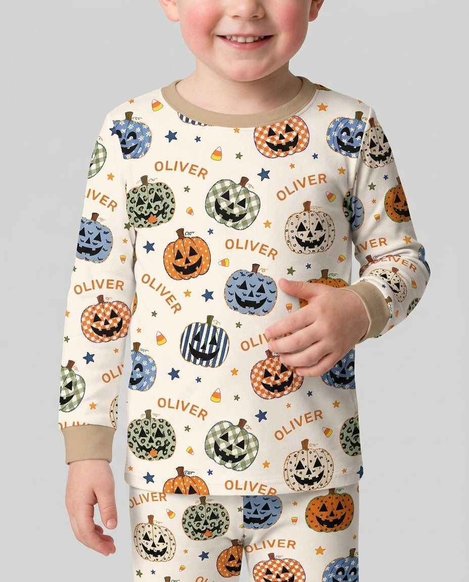 Custom Name Colorful Jack O Lantern Bamboo Two Piece Long Sleeve Pajama Set