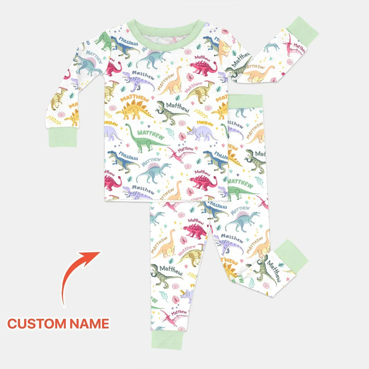 Dino Roar Custom Name Bamboo Two Piece Long Sleeve Pajama Set
