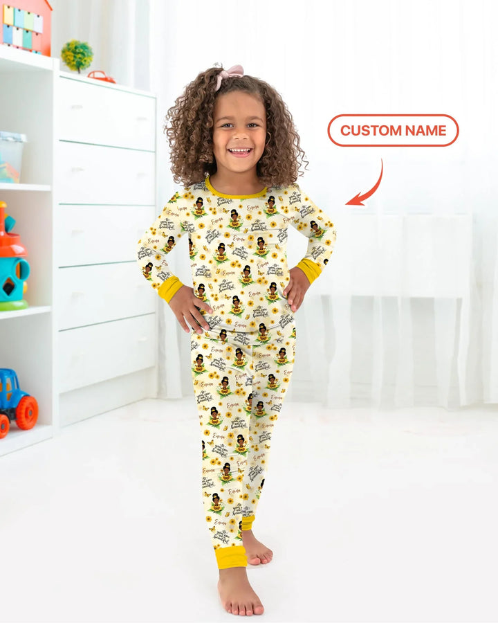 Custom Name Sunflower Queen Bamboo Two Piece Long Sleeve Pajama Set