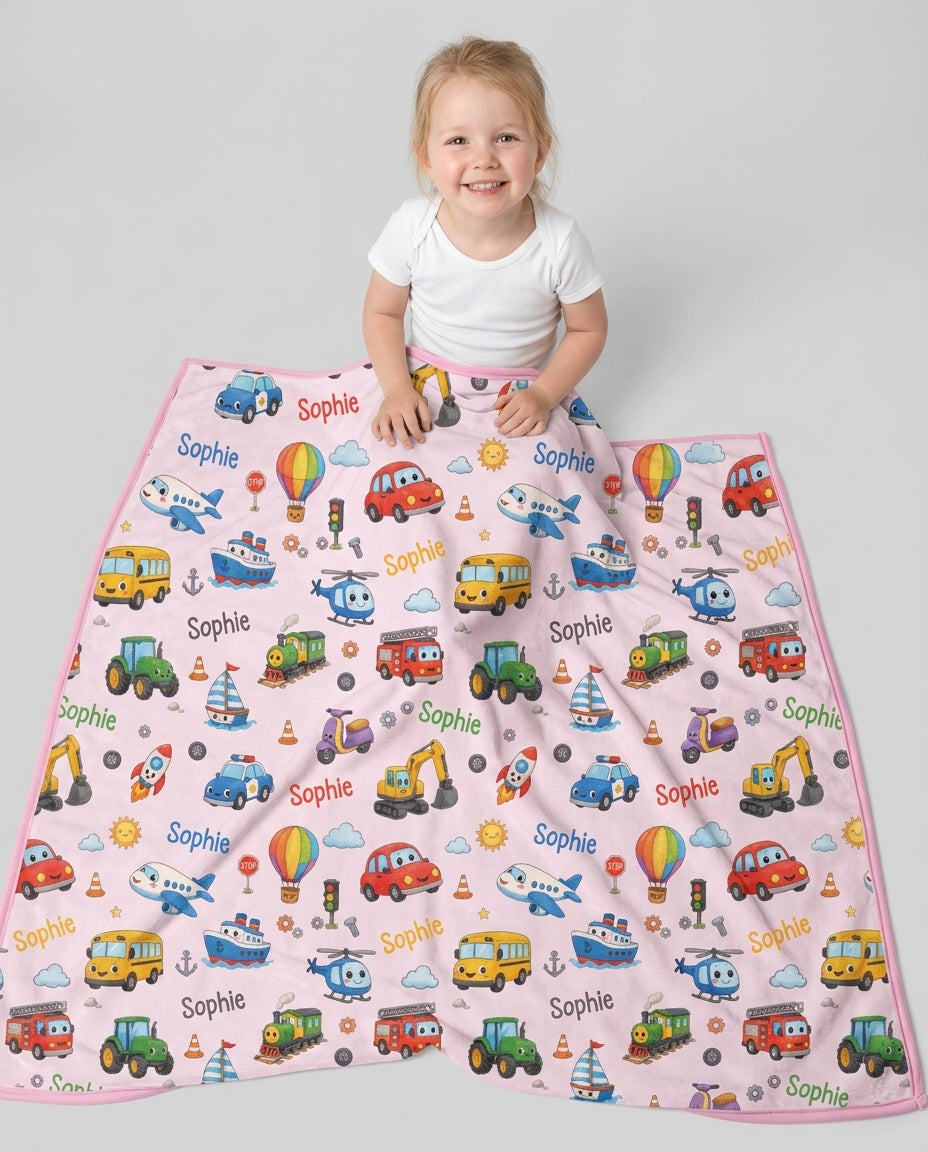 Custom Name Cute Transport Bamboo Blanket