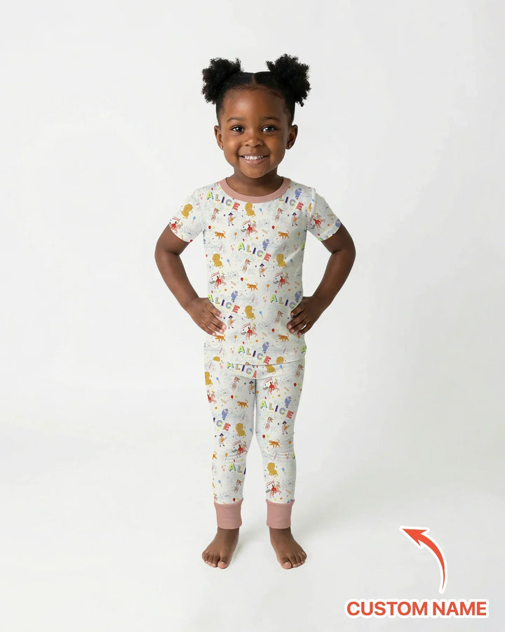 Custom Name Circus Toile Bamboo Two Piece Short Sleeve Pajama Set