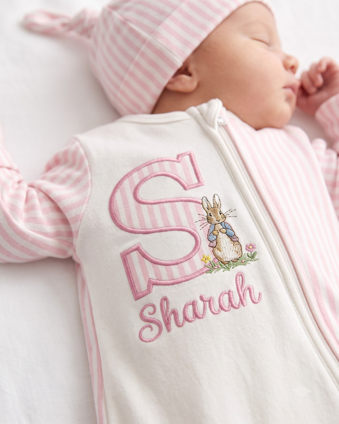 Custom Initial Sweet Bunny Embroidered Bamboo Zipper Footie