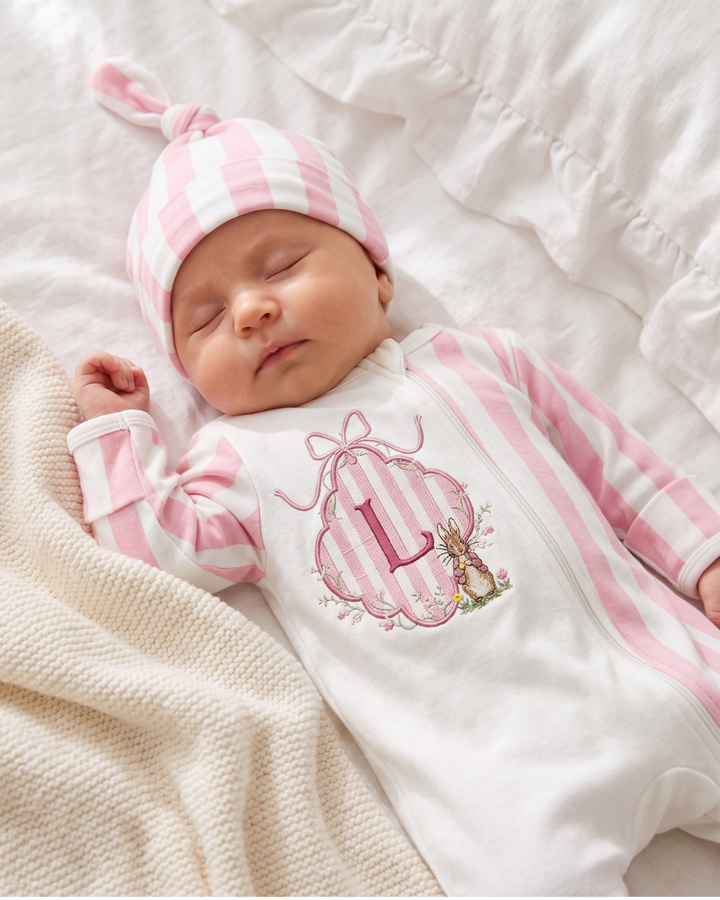 Custom Initial Bunny Bow Embroidered Bamboo Zipper Footie