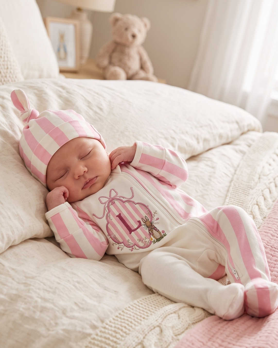 Custom Initial Bunny Bow Embroidered Bamboo Zipper Footie