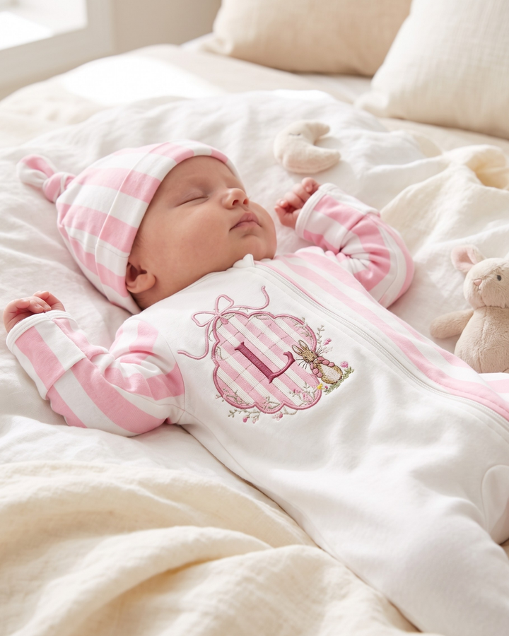 Custom Initial Bunny Bow Embroidered Bamboo Zipper Footie