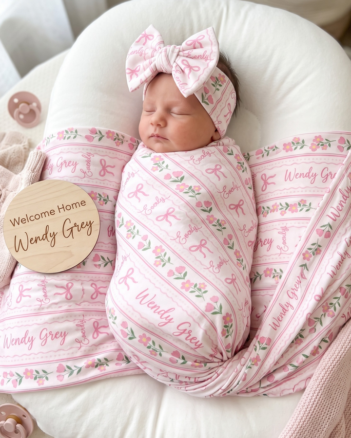 Classic Botanical Ribbon Stripe Bamboo Swaddle Blanket