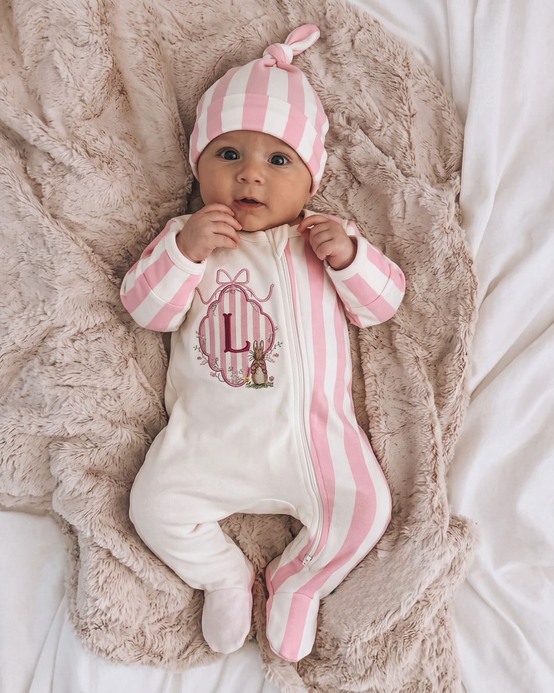 Custom Initial Bunny Bow Embroidered Bamboo Zipper Footie