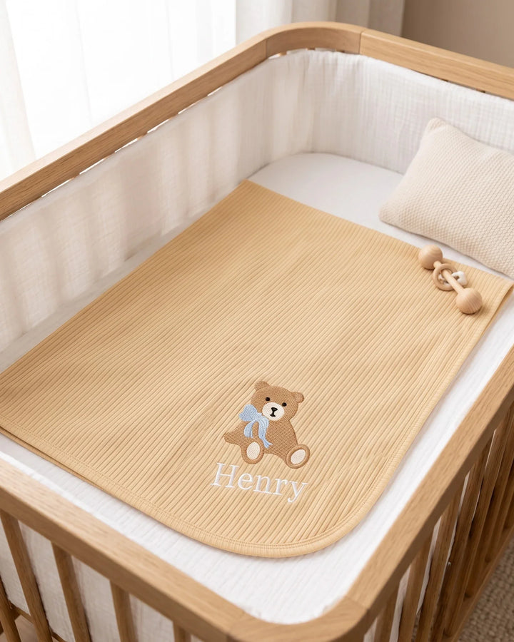 Personalized Teddy Bear Embroidered Ribbed Bamboo Blanket