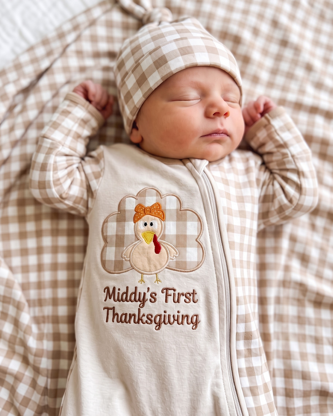 Custom Name First Thanksgiving Embroidered Bamboo Zipper Footie